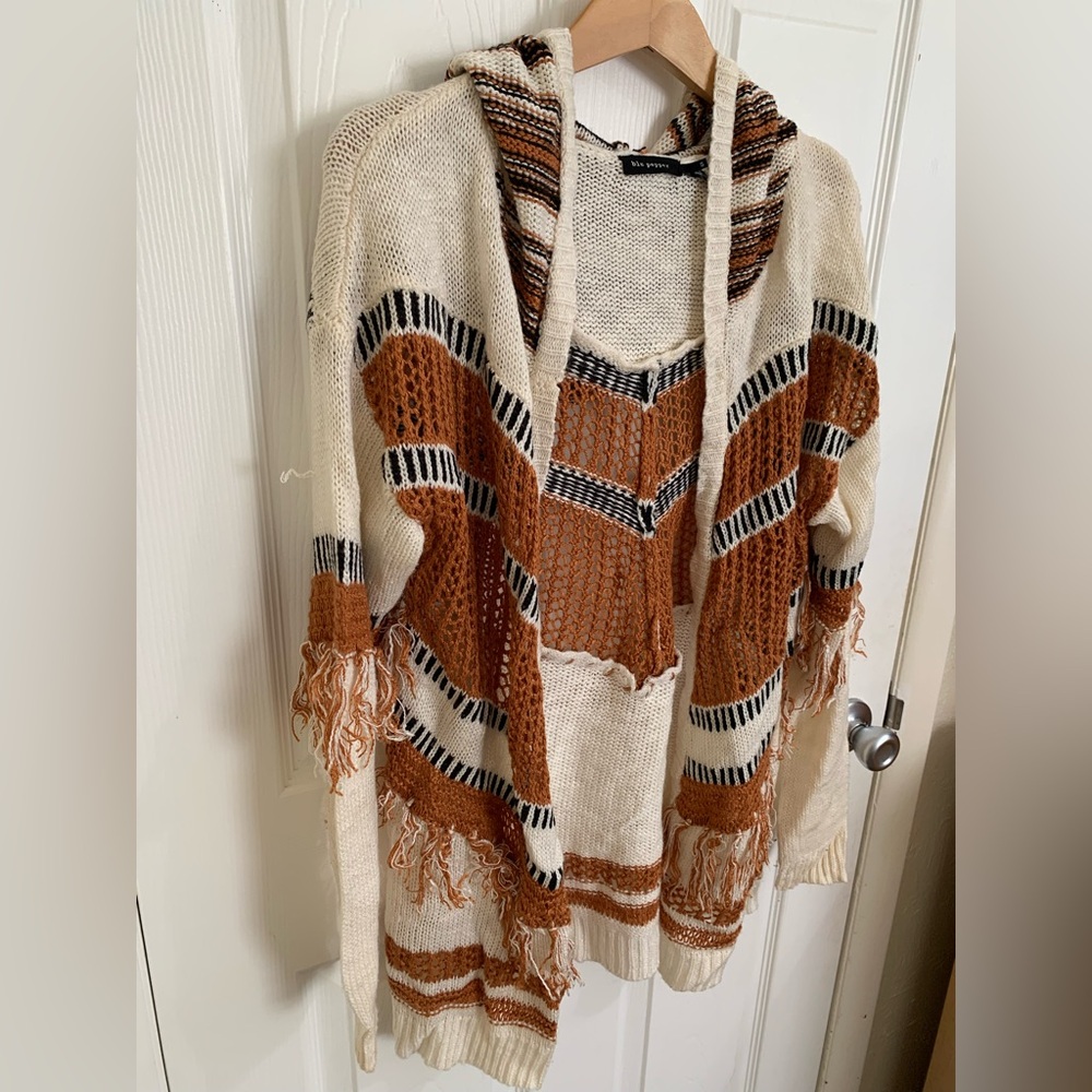 {3/$15} Blu Pepper | Cream and Brown Knit Fringe Cardigan - Picture 2 of 9